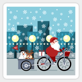Santa Claus riding bike through the city Sticker